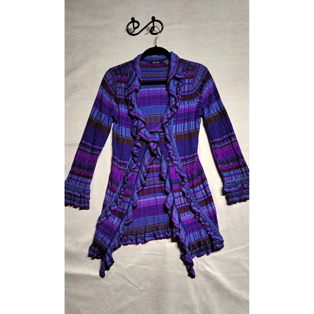 Nic + Zoe Purple Plaid Ruffle Open Front V-Neck 3/4 Sleeve Cardigan Size M